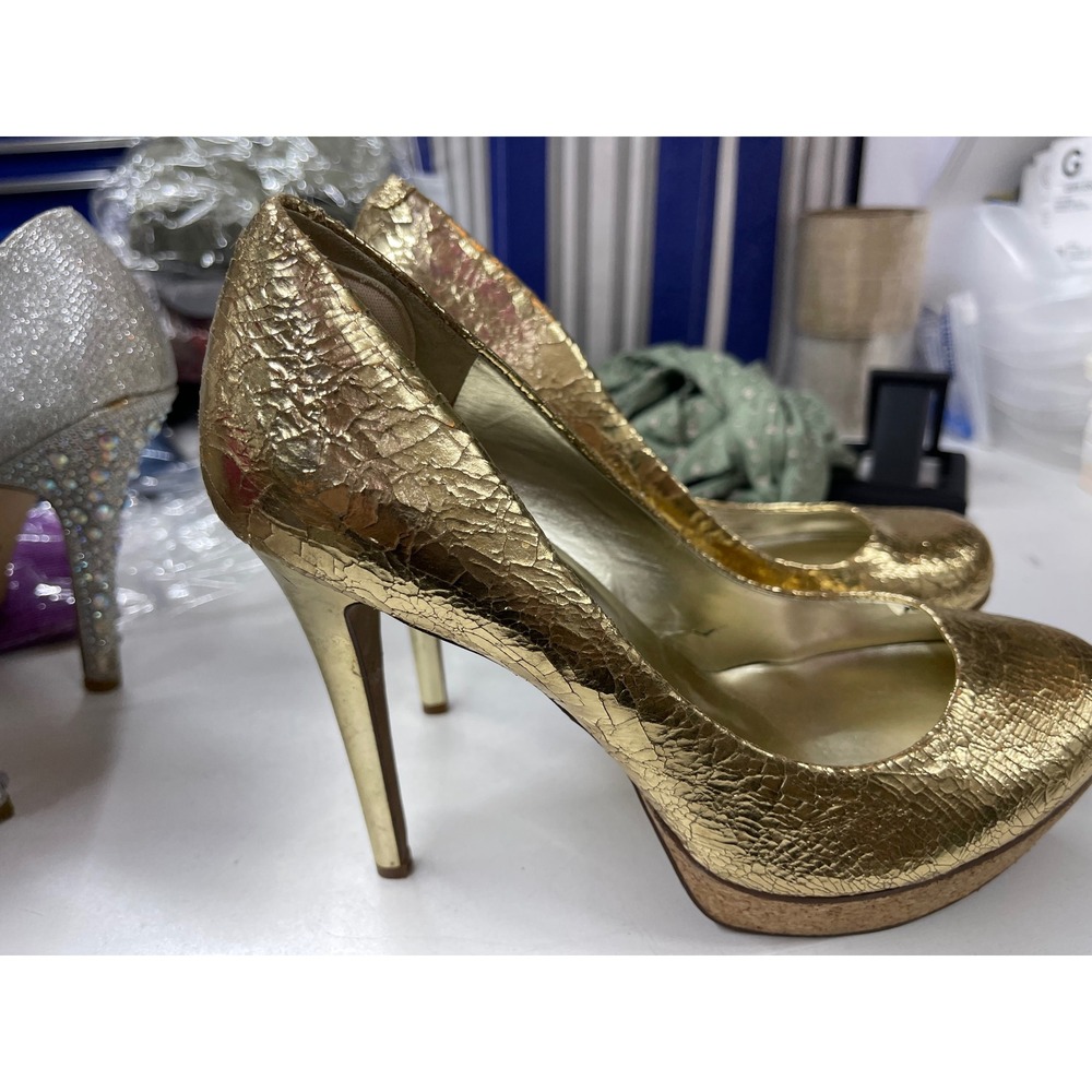 Jessica Simpson Gold Metallic Cracked Platform Pumps Cork Heels Womens 8B 38 - Picture 4 of 6